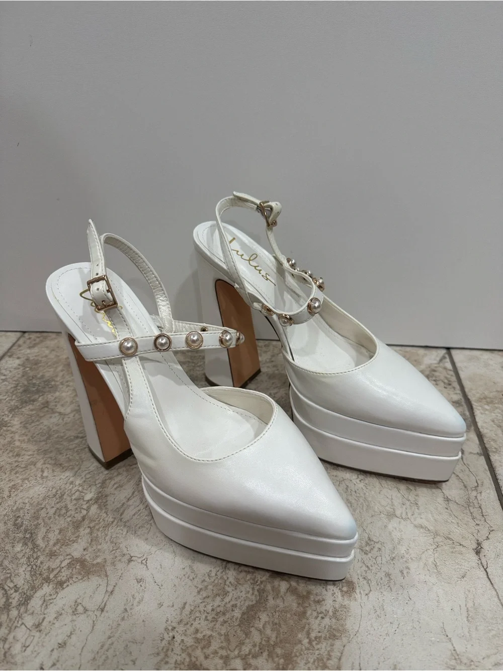 Lulu’s Dayla White Pearl Double Platform Ankle Strap Pumps